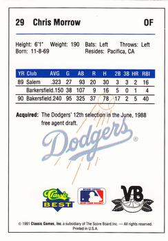 1991 Classic Best Vero Beach Dodgers #29 Chris Morrow Back