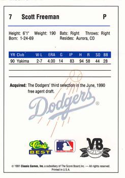 1991 Classic Best Vero Beach Dodgers #7 Scott Freeman Back