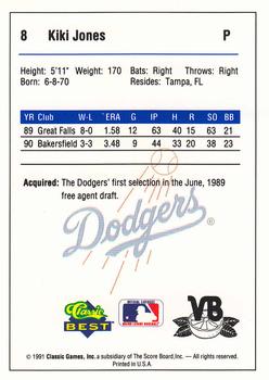 1991 Classic Best Vero Beach Dodgers #8 Kiki Jones Back