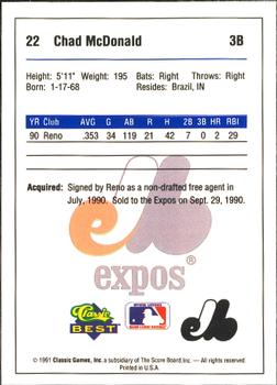 1991 Classic Best West Palm Beach Expos #22 Chad McDonald Back