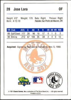 1991 Classic Best Winter Haven Red Sox #28 Jose Lora Back