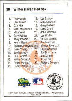 1991 Classic Best Winter Haven Red Sox #30 Checklist Back