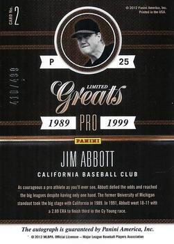 2011 Panini Limited - Greats Signatures #2 Jim Abbott Back