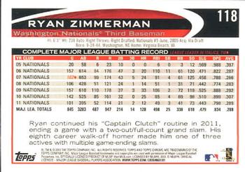 2012 Topps Chrome #118 Ryan Zimmerman Back