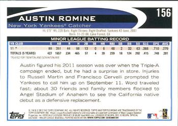 2012 Topps Chrome #156 Austin Romine Back