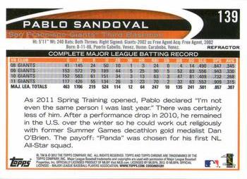 2012 Topps Chrome - Refractors #139 Pablo Sandoval Back
