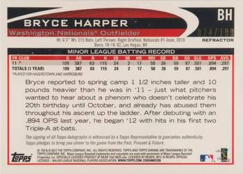 2012 Topps Chrome - Rookie Autographs Blue Refractors #BH Bryce Harper Back
