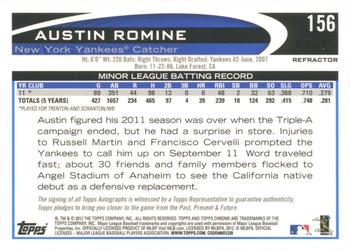 2012 Topps Chrome - Rookie Autographs Red Refractors #156 Austin Romine Back