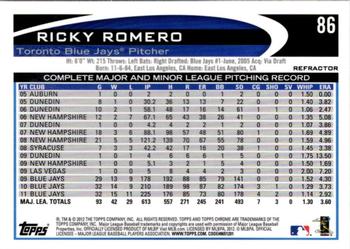 2012 Topps Chrome - X-Fractors #86 Ricky Romero Back