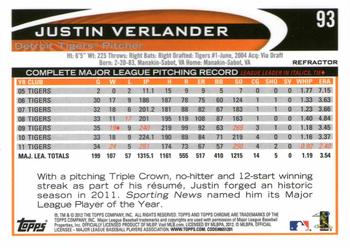 2012 Topps Chrome - X-Fractors #93 Justin Verlander Back