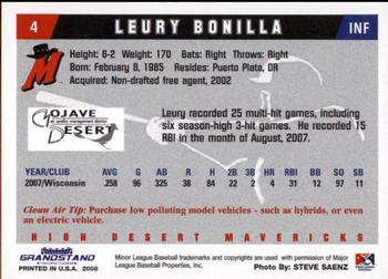 2008 Grandstand High Desert Mavericks #3 Leury Bonilla Back