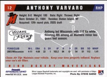 2008 Grandstand High Desert Mavericks #29 Anthony Varvaro Back