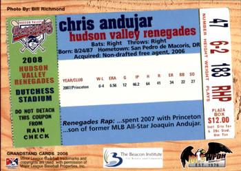2008 Grandstand Hudson Valley Renegades #NNO Chris Andujar Back