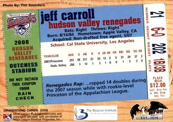 2008 Grandstand Hudson Valley Renegades #NNO Jeff Carroll Back