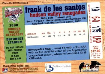 2008 Grandstand Hudson Valley Renegades #NNO Frank De Los Santos Back