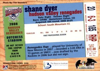 2008 Grandstand Hudson Valley Renegades #NNO Shane Dyer Back