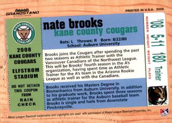 2008 Grandstand Kane County Cougars #NNO Nate Brooks Back