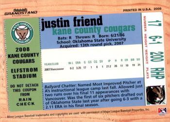 2008 Grandstand Kane County Cougars #NNO Justin Friend Back