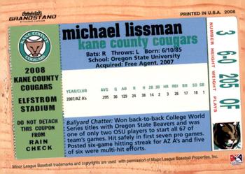 2008 Grandstand Kane County Cougars #NNO Michael Lissman Back