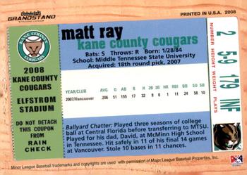 2008 Grandstand Kane County Cougars #NNO Matt Ray Back