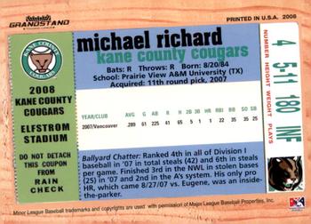 2008 Grandstand Kane County Cougars #NNO Michael Richard Back