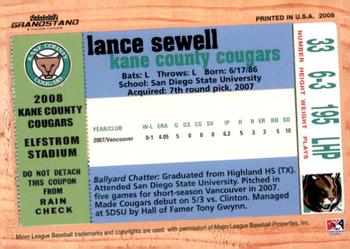 2008 Grandstand Kane County Cougars #NNO Lance Sewell Back