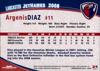 2008 Grandstand Lancaster JetHawks #7 Argenis Diaz Back
