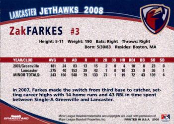 2008 Grandstand Lancaster JetHawks #10 Zak Farkes Back
