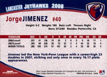 2008 Grandstand Lancaster JetHawks #13 Jorge Jimenez Back