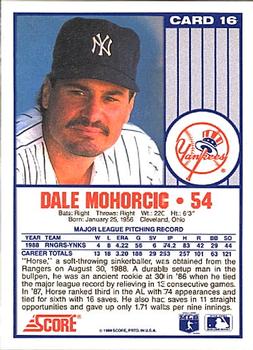 1989 Score New York Yankees #16 Dale Mohorcic Back