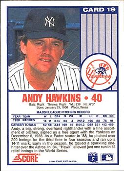 1989 Score New York Yankees #19 Andy Hawkins Back