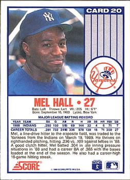 1989 Score New York Yankees #20 Mel Hall Back