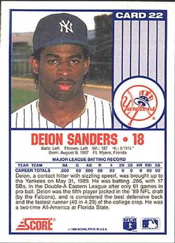1989 Score New York Yankees #22 Deion Sanders Back