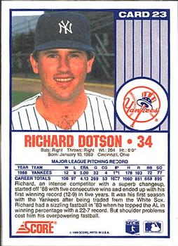 1989 Score New York Yankees #23 Richard Dotson Back