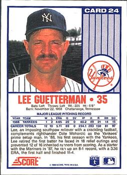 1989 Score New York Yankees #24 Lee Guetterman Back
