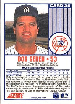 1989 Score New York Yankees #25 Bob Geren Back