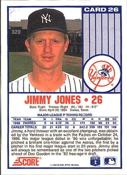 1989 Score New York Yankees #26 Jimmy Jones Back