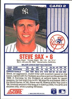 1989 Score New York Yankees #2 Steve Sax Back