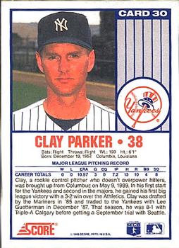 1989 Score New York Yankees #30 Clay Parker Back