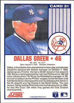 1989 Score New York Yankees #31 Dallas Green Back