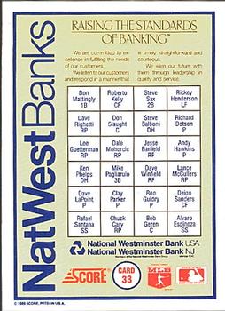 1989 Score New York Yankees #33 NatWest Bank Header Card Back