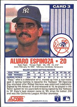 1989 Score New York Yankees #3 Alvaro Espinoza Back