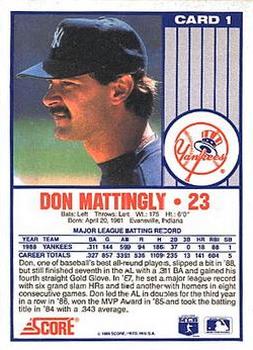 1989 Score New York Yankees #1 Don Mattingly Back
