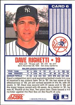 1989 Score New York Yankees #6 Dave Righetti Back