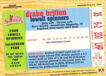 2008 Grandstand Lowell Spinners #NNO Drake Britton Back