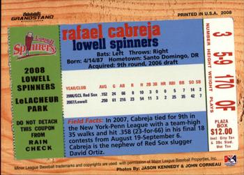 2008 Grandstand Lowell Spinners #NNO Rafael Cabreja Back