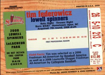 2008 Grandstand Lowell Spinners #NNO Tim Federowicz Back
