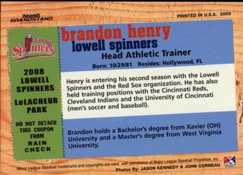2008 Grandstand Lowell Spinners #NNO Brandon Henry Back