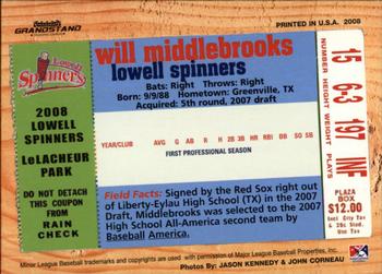 2008 Grandstand Lowell Spinners #NNO Will Middlebrooks Back