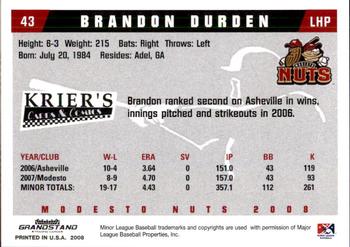 2008 Grandstand Modesto Nuts #5 Brandon Durden Back